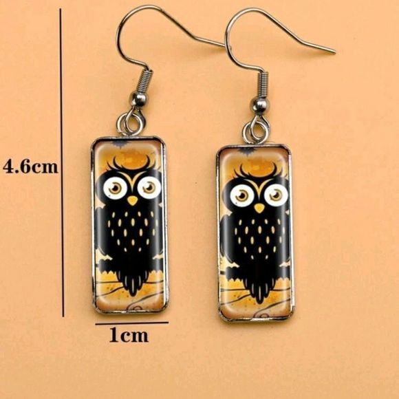 Owl Design Dangling Rectangular Hook Earrings - Picture 5 of 7